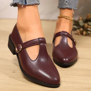 Women Chunky Heel Loafers Retro T-Strap Mary Janes Pointed Toe PU Leather Shallow Mouth Office Dress Shoes