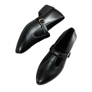 Modern elegant black pointed toe loafers with chunky heel and buckle strap for women.
