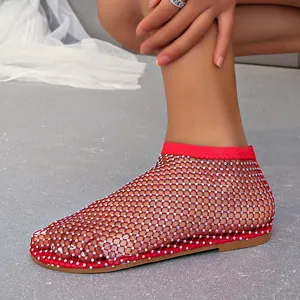 Red fishnet hollow out flat sandals with rhinestones for women, plus size summer shoes