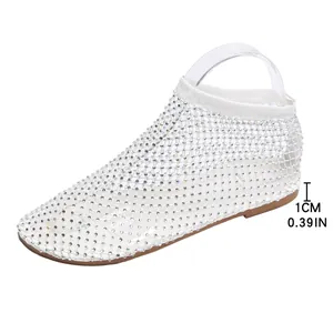 White mesh rhinestone flat sandals with 1cm heel and sparkling crystal hollow design