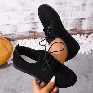 Women Cow Suede Casual Lace-Up Shoes Round Toe Flat Sole Breathable Solid Color Derby Oxford Style Fashion Daily Shoes