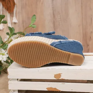 Macro view of the non-slip ribbed rubber sole on a blue denim platform wedge sandal