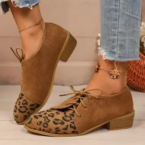 Women Leopard Print Suede Pointed Toe Flats 2025 New Casual Lace Up Loafers Low Block Heel Moccasins Comfortable Shoes