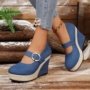 Casual blue denim platform wedge shoes with buckle strap and straw sole for women