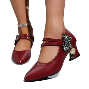 Elegant wine red patent leather Mary Jane block heels with rhinestone butterfly detail