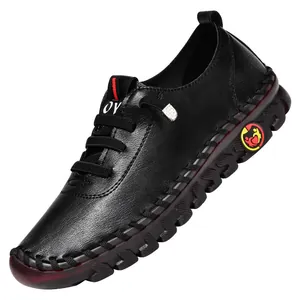 Detail of women's black soft leather casual flat shoes with non-slip rubber sole