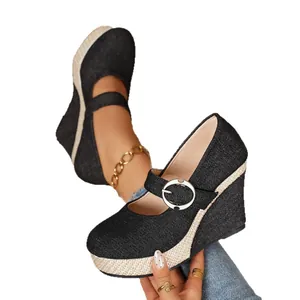 Women's black denim Mary Jane wedge shoes with woven espadrille sole and buckle