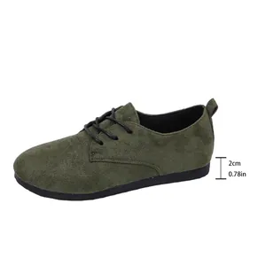 Detailed view of green suede lace-up flat shoe with 0.78 inch heel height specification
