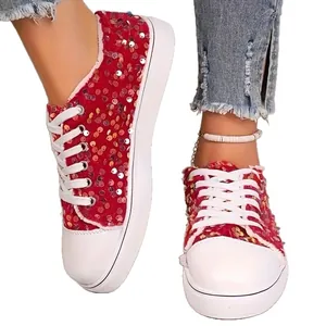 Baskets plates à paillettes rouges pour femmes avec lacets blancs et semelles épaisses