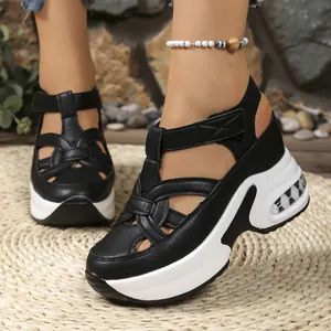 Women Fashion Closed Toe Platform Sandals Korean Woven Cutout Muffin Bottom Velcro Casual Beach Sandals Summer Large Size