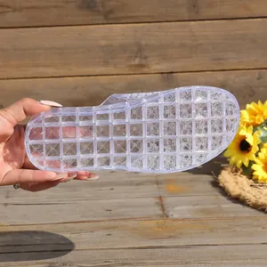 Close-up detail of a transparent crystal jelly slipper sole with a grid anti-slip pattern