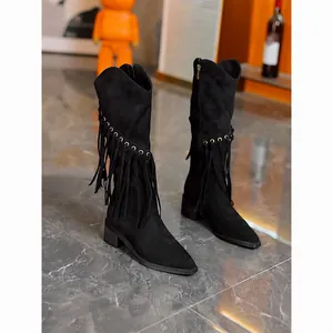 Black suede fringe knight boots with pointed toe and side zipper