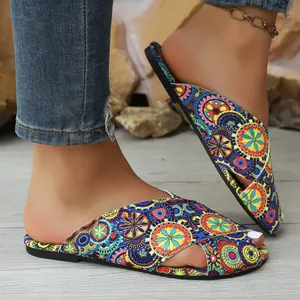 Side view detail of women's flat slippers with vibrant ethnic mandala print patterns.