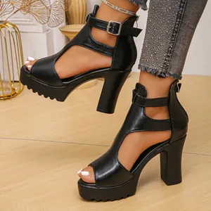 Elegant black platform sandals with chunky high heels and ankle buckle straps for women