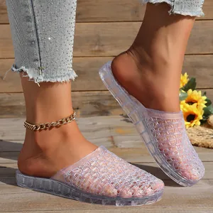 Macro view of women's clear glitter slippers featuring a breathable hollow mesh design