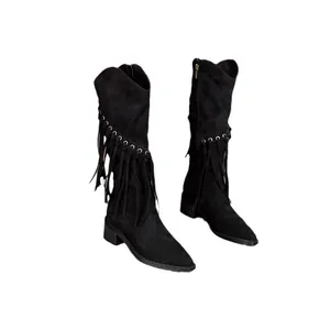 Stylish black suede knight boots with fringe detail and side zipper for women.