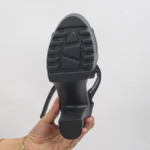 Detailed view of the non-slip rubber sole and thick chunky heel of platform sandals.