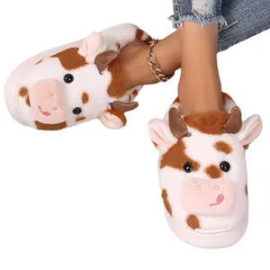 Adorable cow plush house slippers with thick non-slip soles for cozy winter warmth