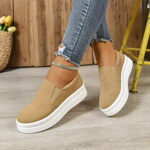 Stylish western style khaki suede platform slip-on sneakers with thick white soles for women