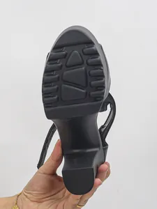 Bottom view of black high heel platform sandal showing anti-slip sole texture
