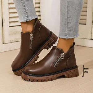 Stylish brown faux leather ankle boots with thick rubber soles and side zippers