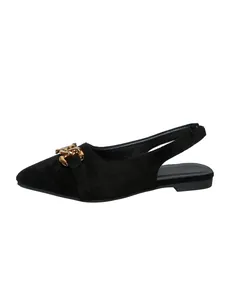 Elegant black pointed-toe slingback flat shoes featuring a stylish gold chain buckle detail