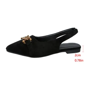 Detail of the 2cm comfortable low heel on black pointed toe slingback flat shoe