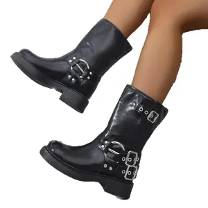 Stylish women's vintage square toe chunky heel biker boots with decorative silver buckles