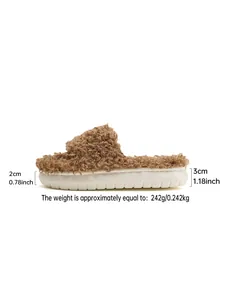 Detail side view of fuzzy brown home slippers with 3cm thick white sole and weight info.