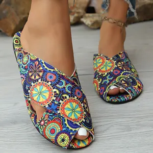Women's Ethnic Style Flat Sandals Bohemian Mandala Print Criss-Cross Toe Loop Roman Beach Slippers Casual Summer Shoes