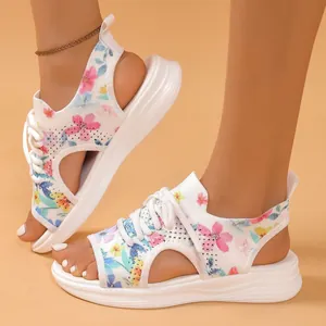 Sandales de sport pour femmes à fleurs en tricot avec semelle plateforme souple