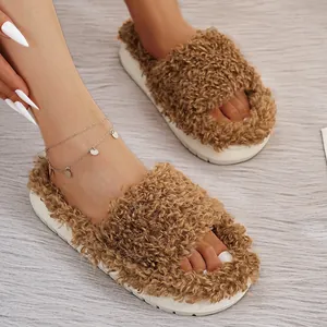 Faux Fur Indoor Slippers Thick Sole One-Strap French Style Lazy Home Dormitory Floor Plush Couple Khaki Slippers