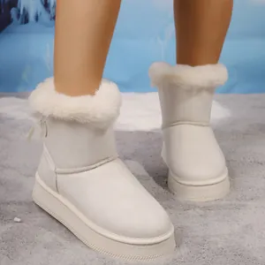Close-up detail of white winter snow boots featuring faux fur trim and platform soles