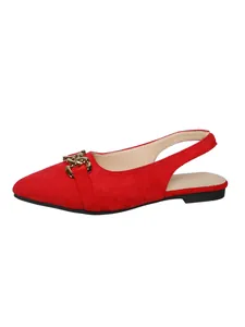 Elegant red pointed-toe slingback flats with gold chain detail and suede texture