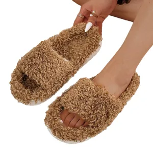 Cozy brown faux fur open-toe slippers for home wear with comfortable white platform sole