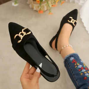 Elegant black pointed-toe slingback flats featuring a decorative gold metal chain link