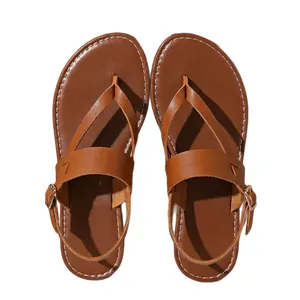 Stylish brown faux leather flat thong sandals with adjustable ankle buckle strap