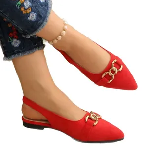 Elegant red pointed-toe flat slingback shoes featuring a stylish gold chain buckle accent