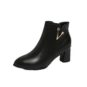 Elegant women's black pointed toe ankle boots with rhinestone V-buckle and block heel