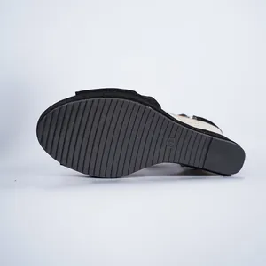 Detailed view of the textured rubber sole and woven wedge heel on black suede sandals