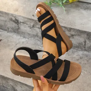 Women Roman Flat Sandals Elastic Band Cross Straps Casual Open Toe Beach Shoes Breathable Lightweight Summer Fashion Outdoor Sandals