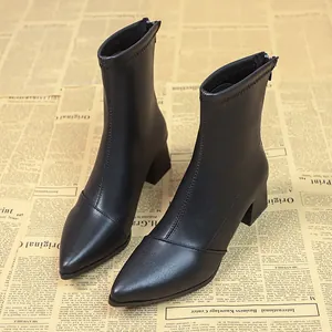 Damen Spitze Zehe Klobiger Hoher Absatz Stiefeletten 2025 Herbst Winter Rückenreißverschluss Kunstleder Schlanke Kurze Stiefel Einfarbig Modeschuhe