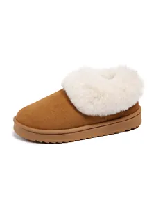 Cozy brown snow boots for women featuring a thick white plush faux fur collar and flat sole