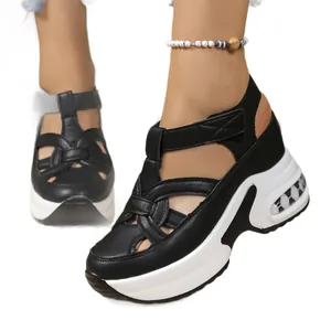 Black closed-toe platform sandals for women with Velcro strap and thick white sole