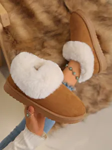 Cozy women's camel snow boots with fluffy white fur collar and warm fleece lining detail