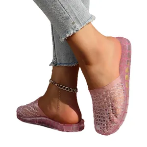 Pink glitter hollow-out jelly slippers with thick sole for women's summer casual wear