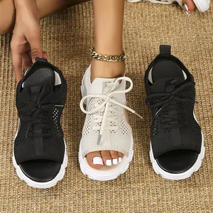 Sandalias deportivas con plataforma de punto transpirable para mujer y suela blanca
