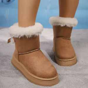 Close-up of cozy brown snow boots with white faux fur trim and cute back bow detail