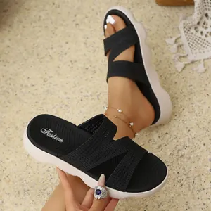 Women's Casual Flyknit Flat Slippers Platform H-type Lightweight Comfortable Beach Slides Fashion Outdoor Summer Shoes