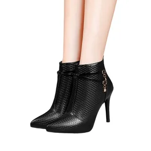 Elegant black pointed toe stiletto ankle boots for women with rhinestone chain detail